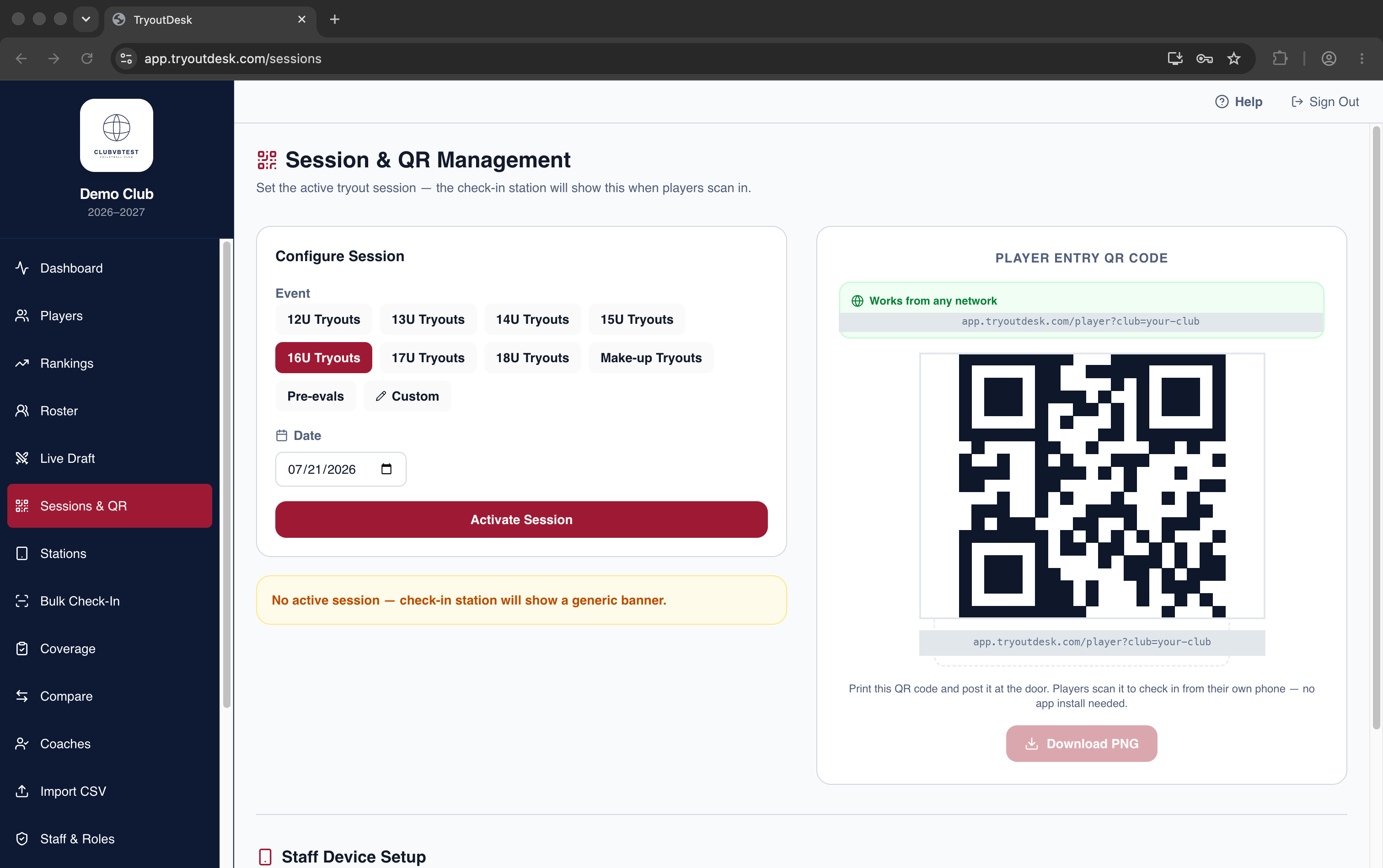 TryoutDesk player check-in QR code setup