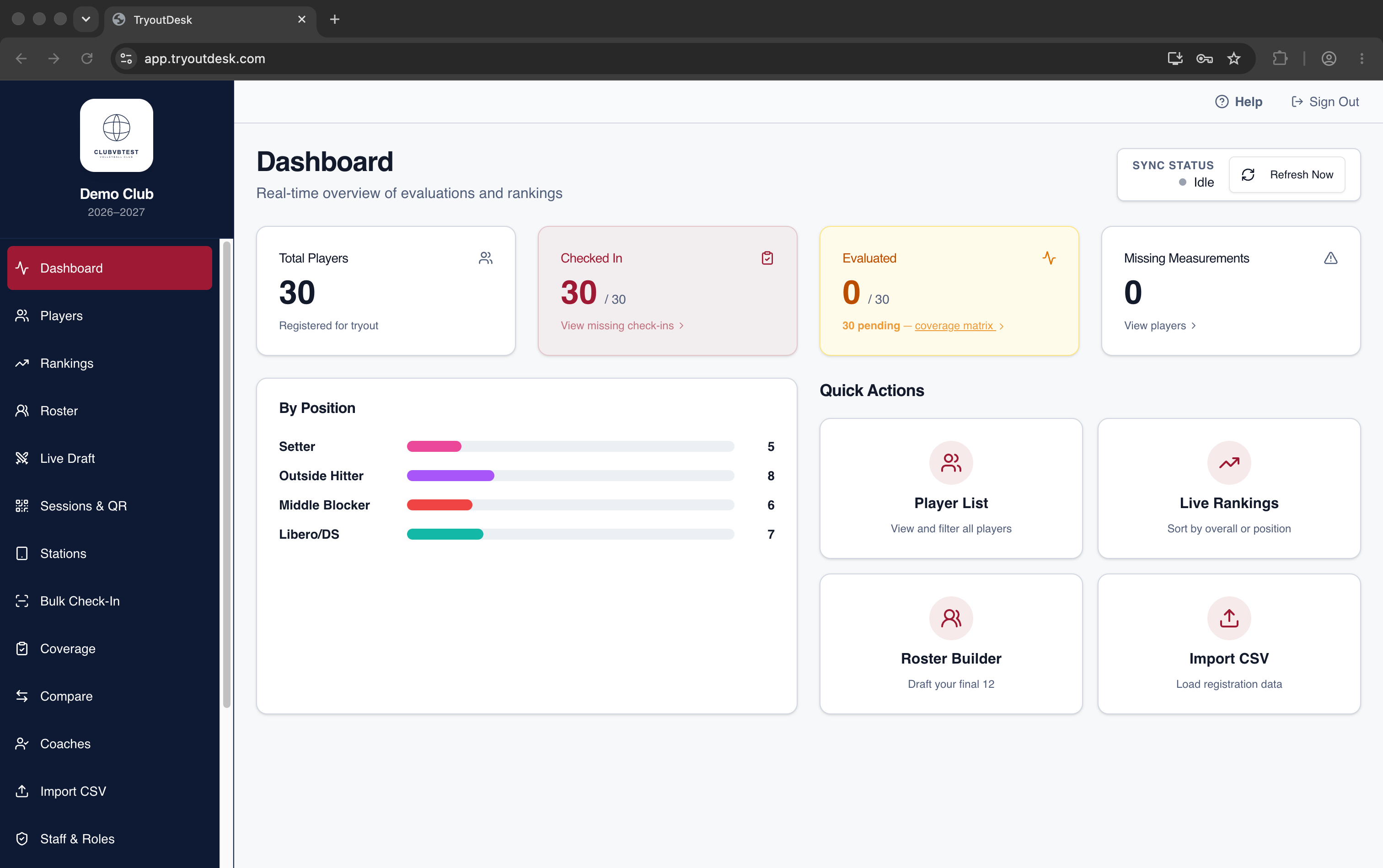 TryoutDesk live dashboard showing check-ins, evaluation progress, and rankings