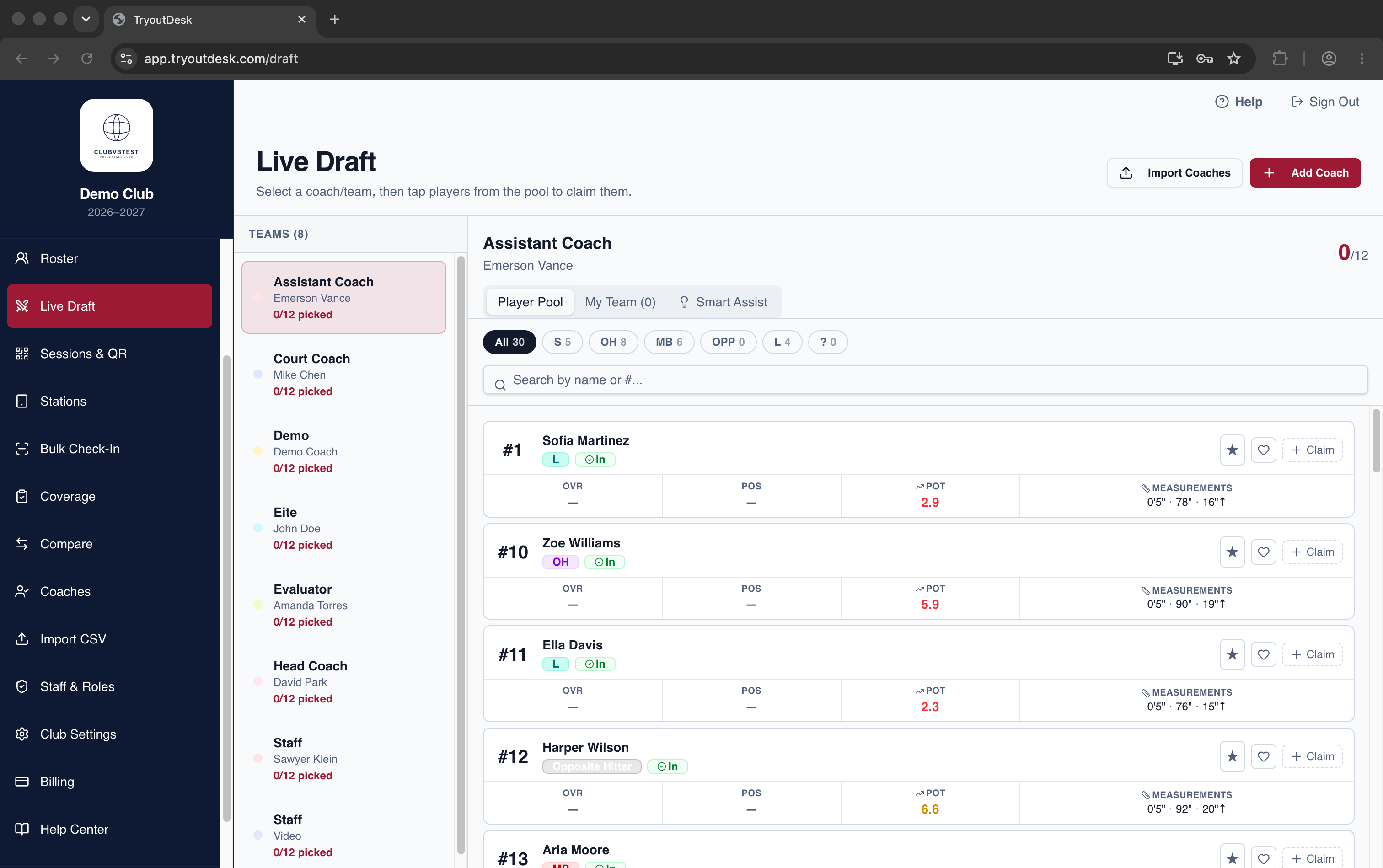 TryoutDesk live draft board